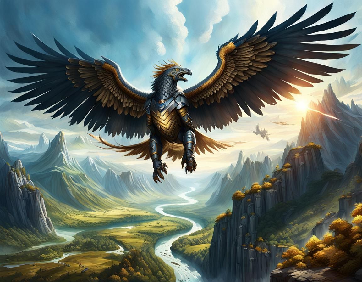 Armored Knights Soaring on Griffons Above Sunlit Valley