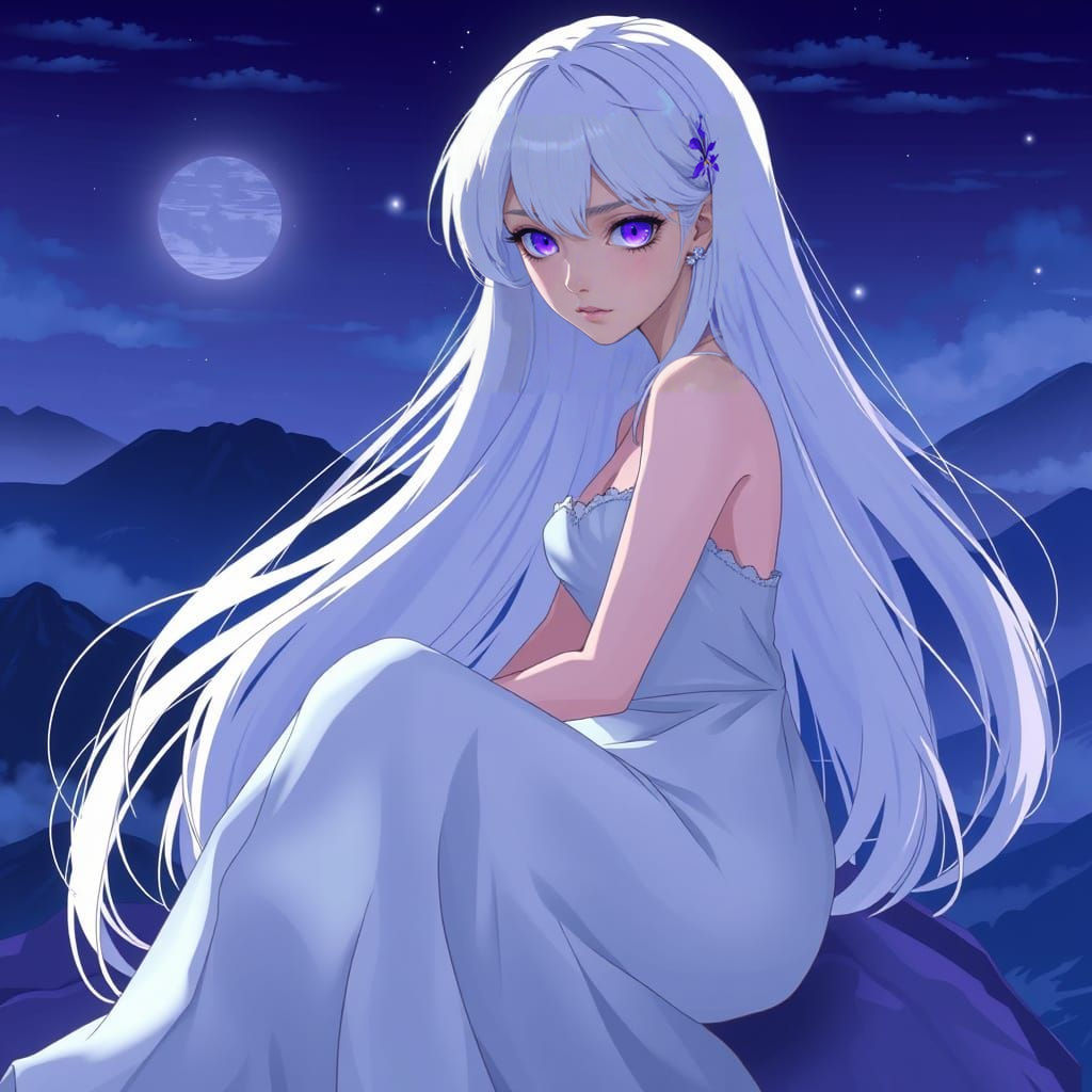 Anime Woman on Mountain Top at Night