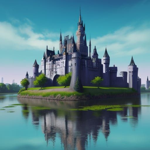 Castle with multiple spires, a draw bridge and a moat situat...