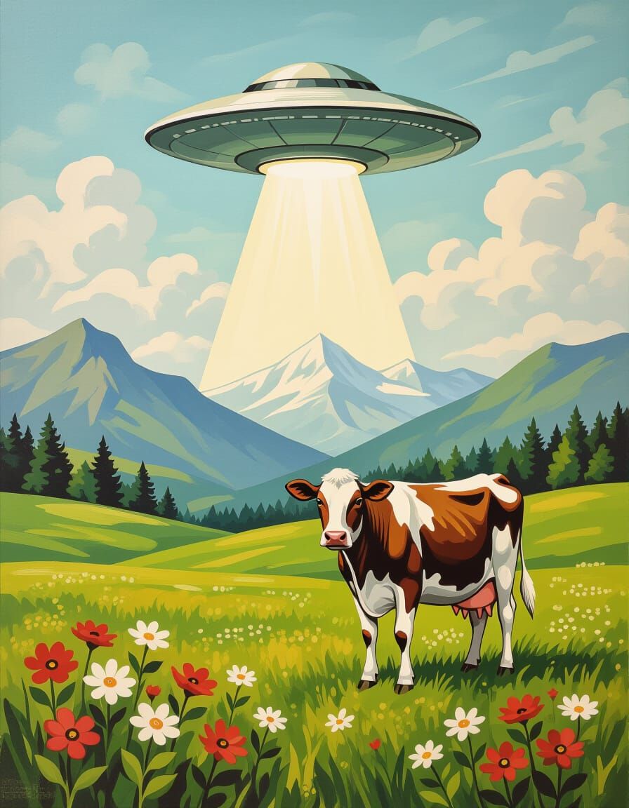 UFO Sighting: Vintage Oil Painting of Cow Abduction