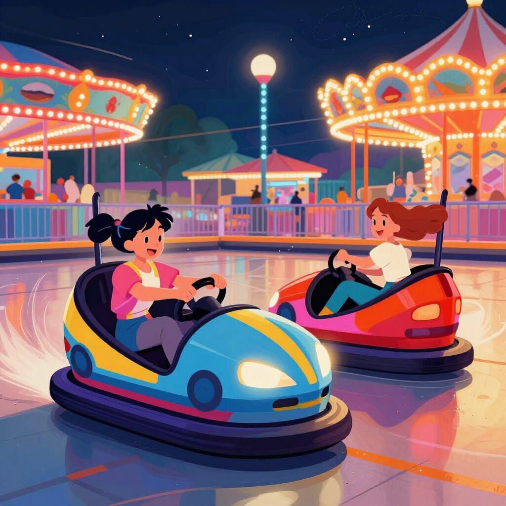 Bumper Cars Clash at Amusement Park Night in Stylized Illust...