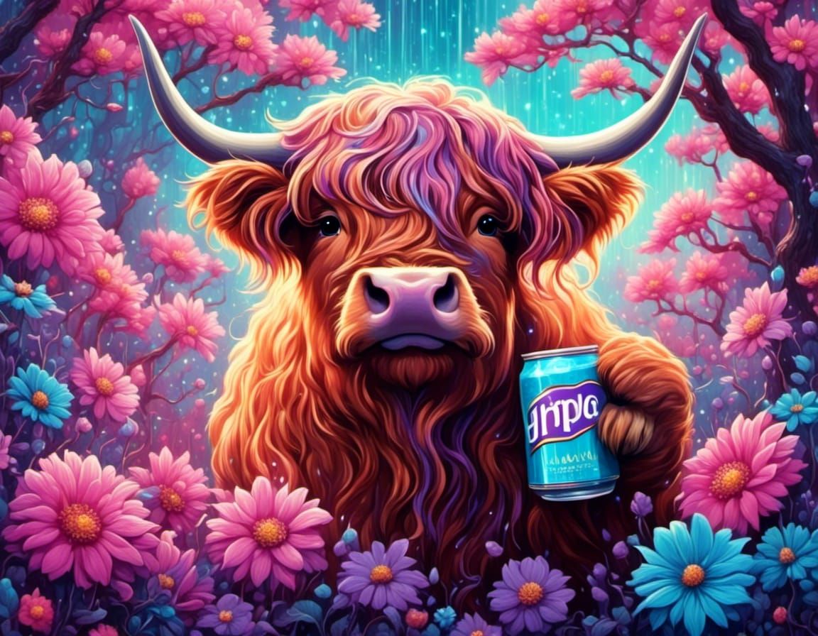 Highland Cow with Beer in Cute Animals Style