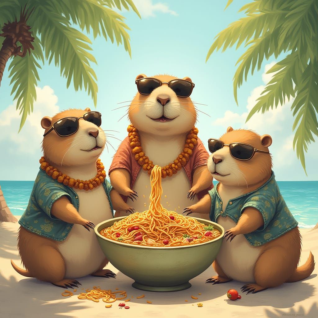 Capybaras Enjoying Ramen on a Tropical Beach