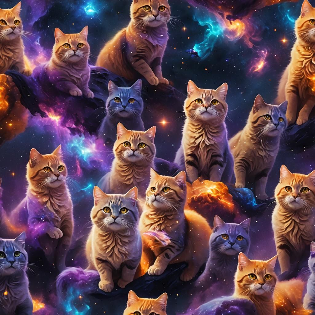 Vibrant Galaxy Cats Swimming in Nebula Space