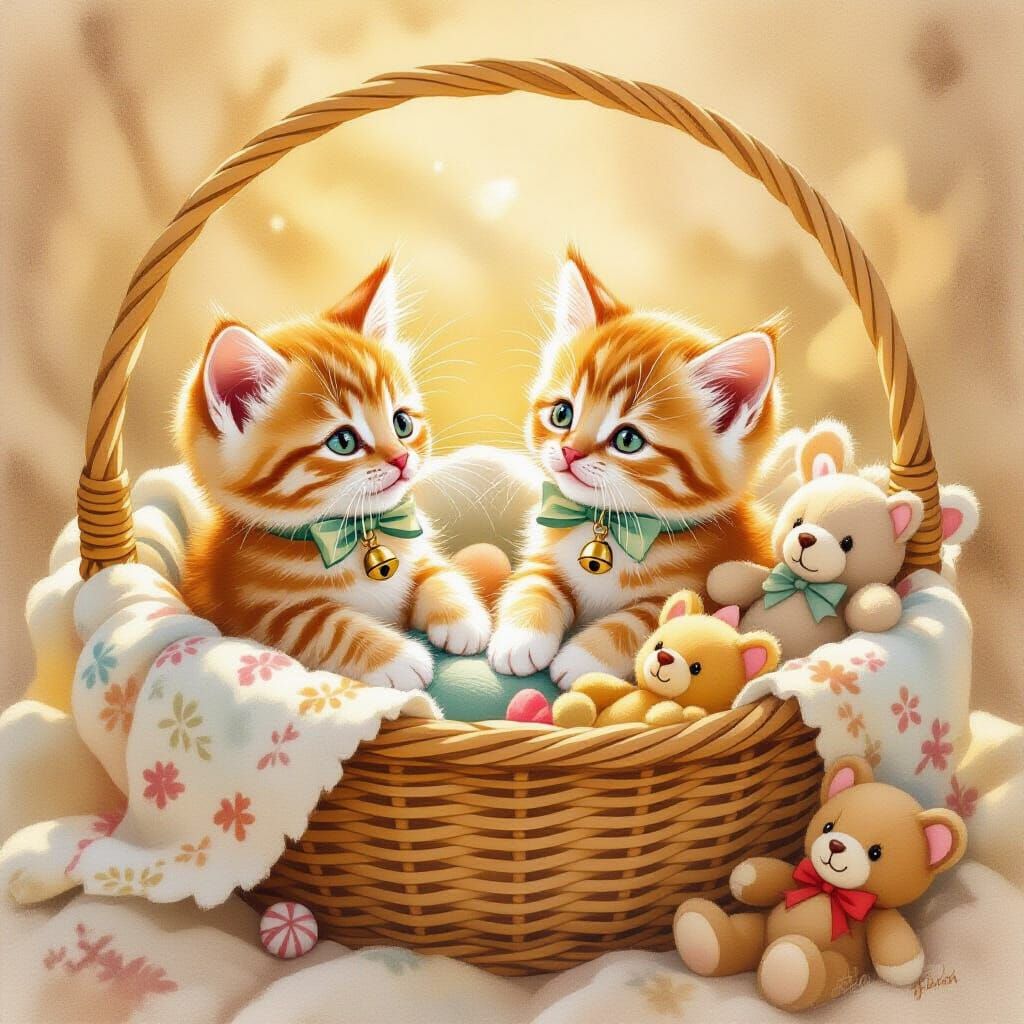 Ginger Kittens Play in Cozy Basket, Watercolor Style