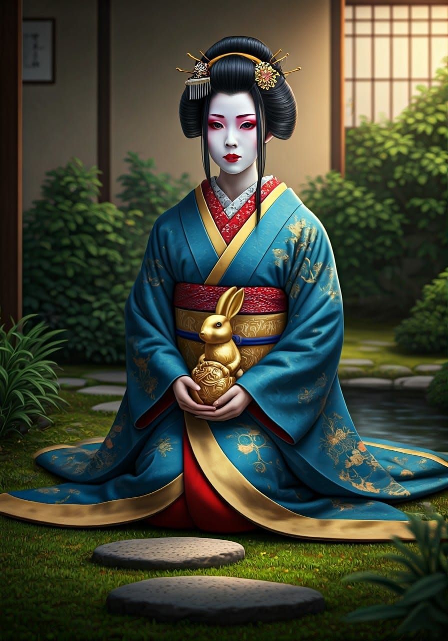 Serene Geisha in Zen Garden with Golden Rabbit