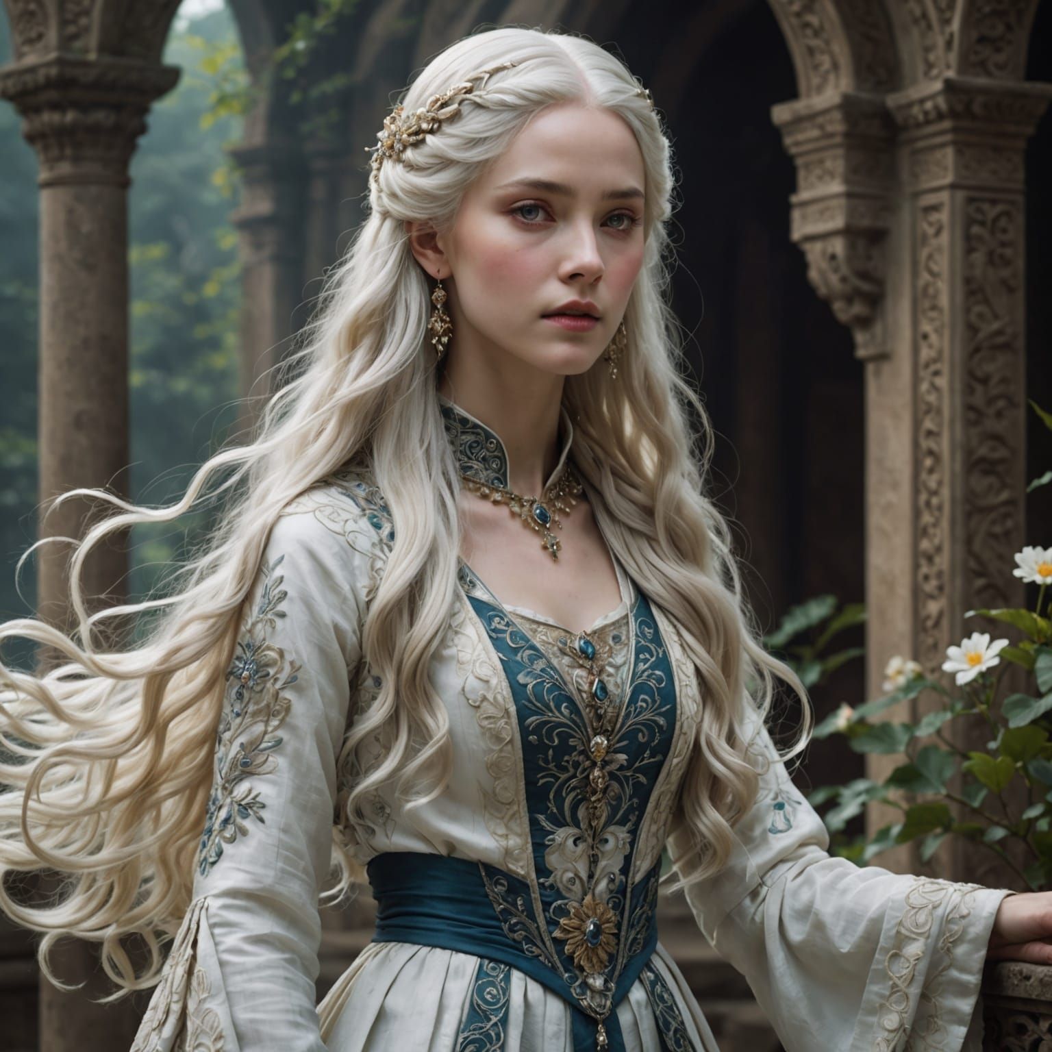 Ethereal Woman in Golden Light with Flowing White Hair