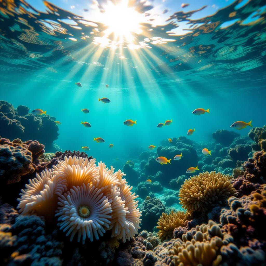 Vibrant Coral Reef Teeming With Life And Sunlight