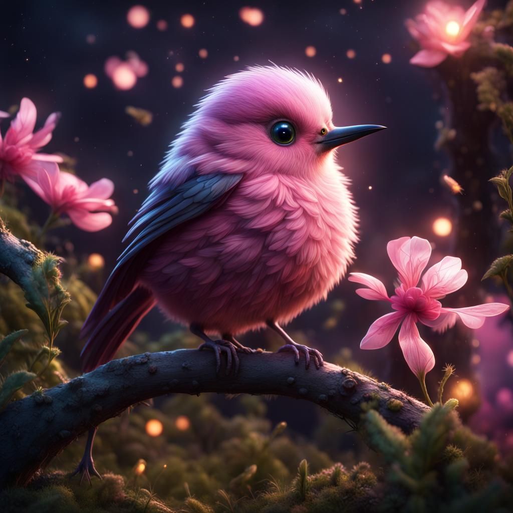 Enchanted Pink Bird Watching Fireflies in Forest