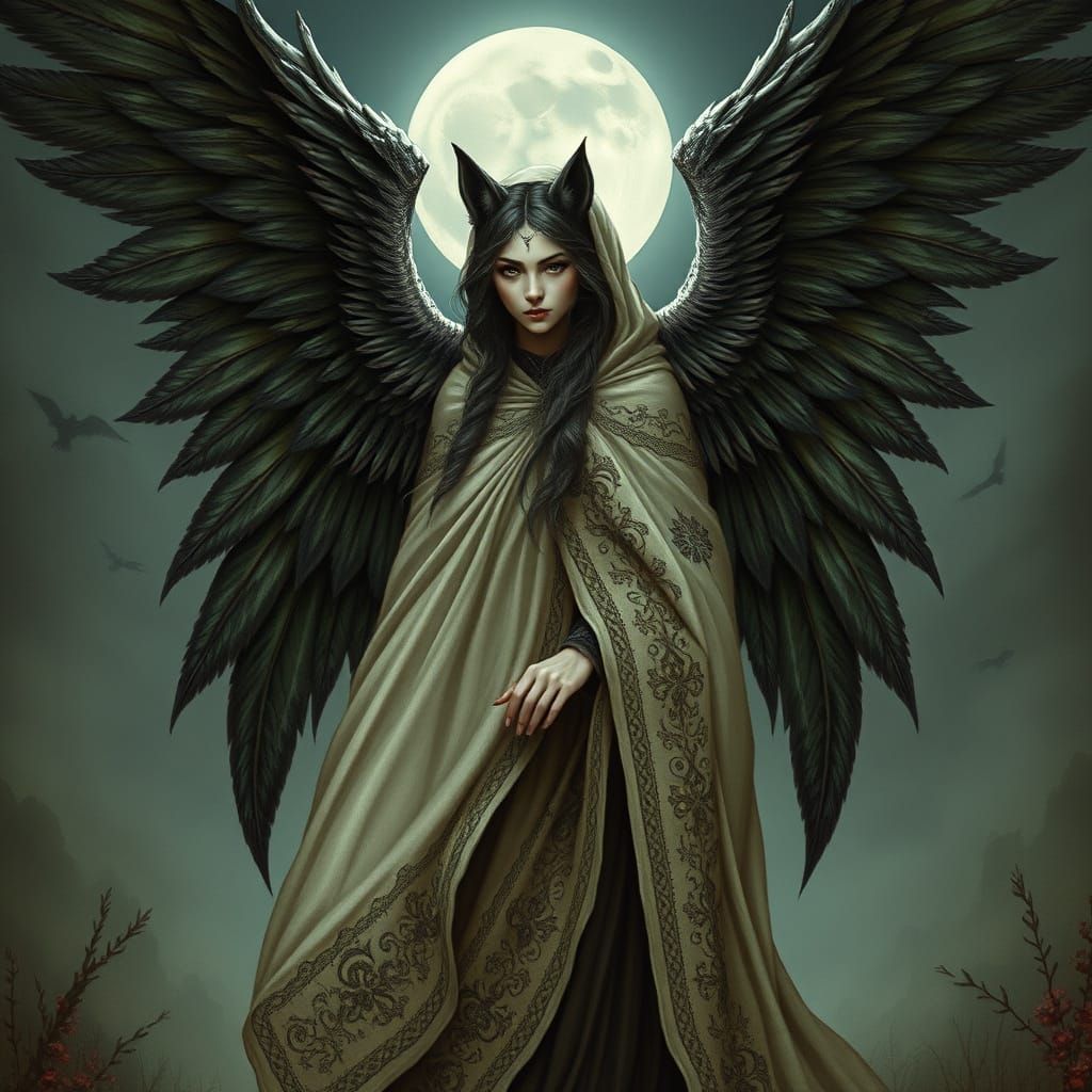 Mystical Wolf Goddess with Majestic Wings in Celtic-Inspired...