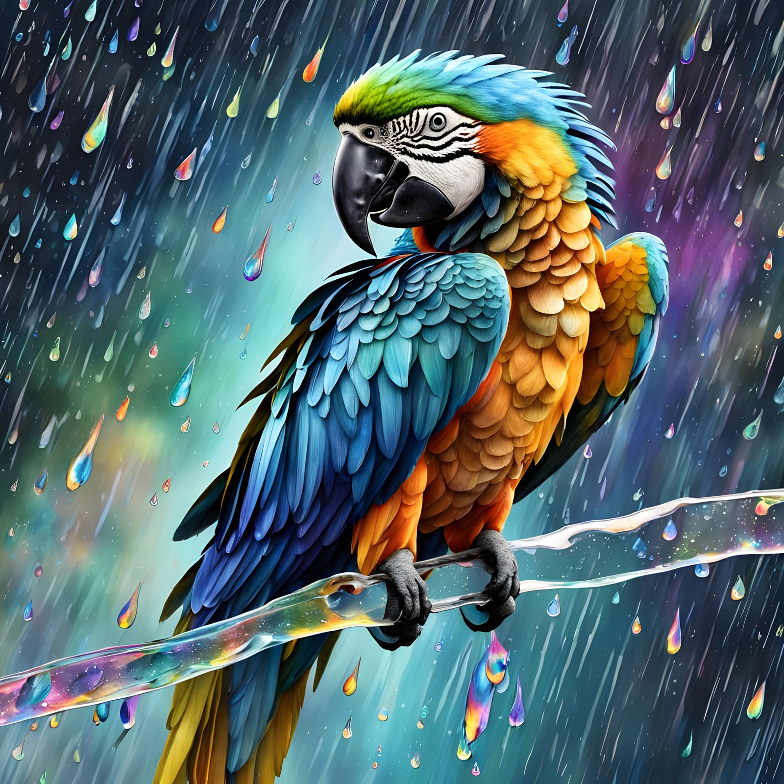 Macaw in rainbow rain