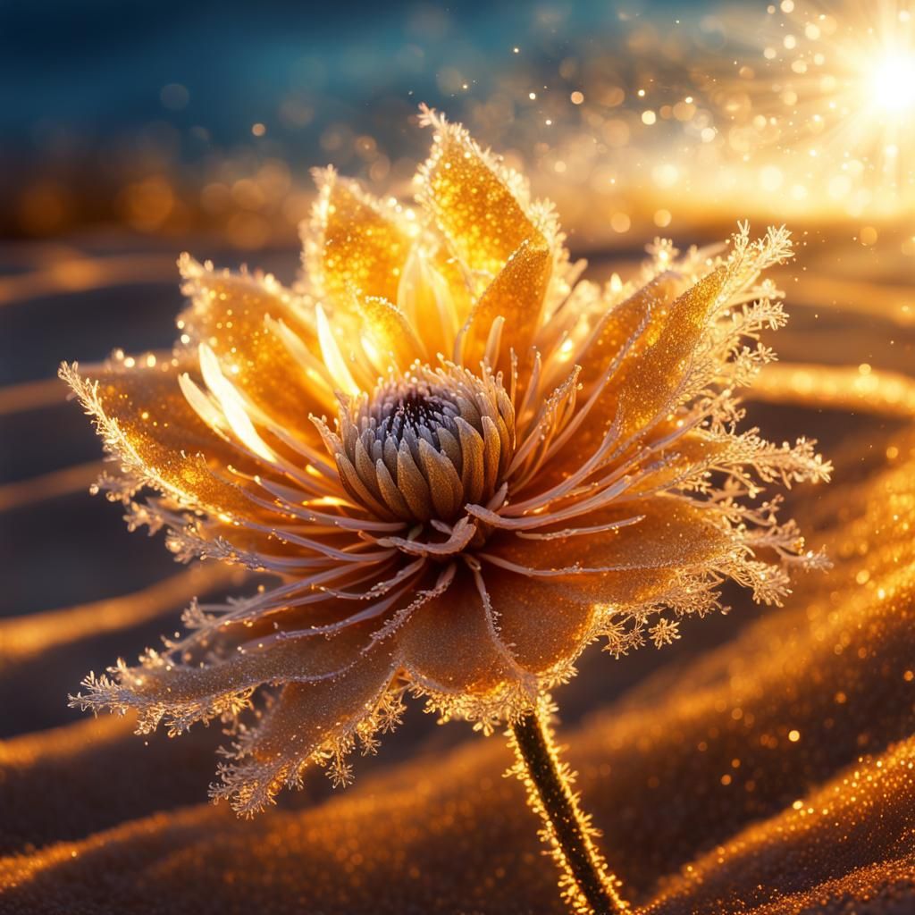 Luminous Frozen Flower at Golden Sunset