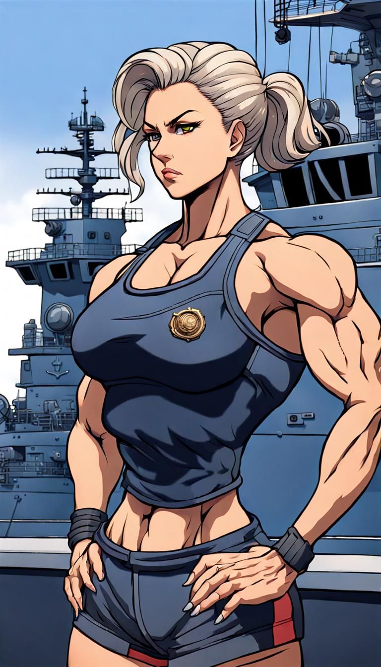 Anime Female Bodybuilder on Navy Ship Illustration