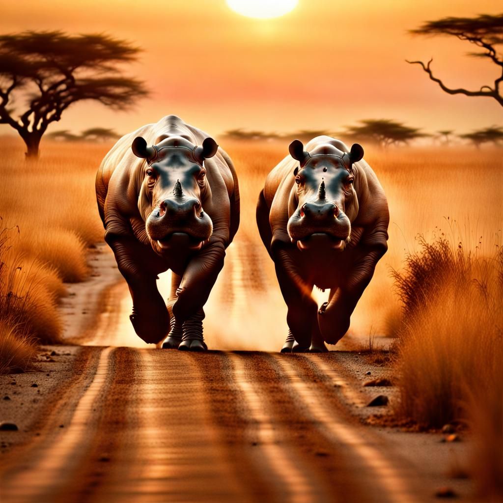 Hippo Chase on the Savannah: Vintage Photography