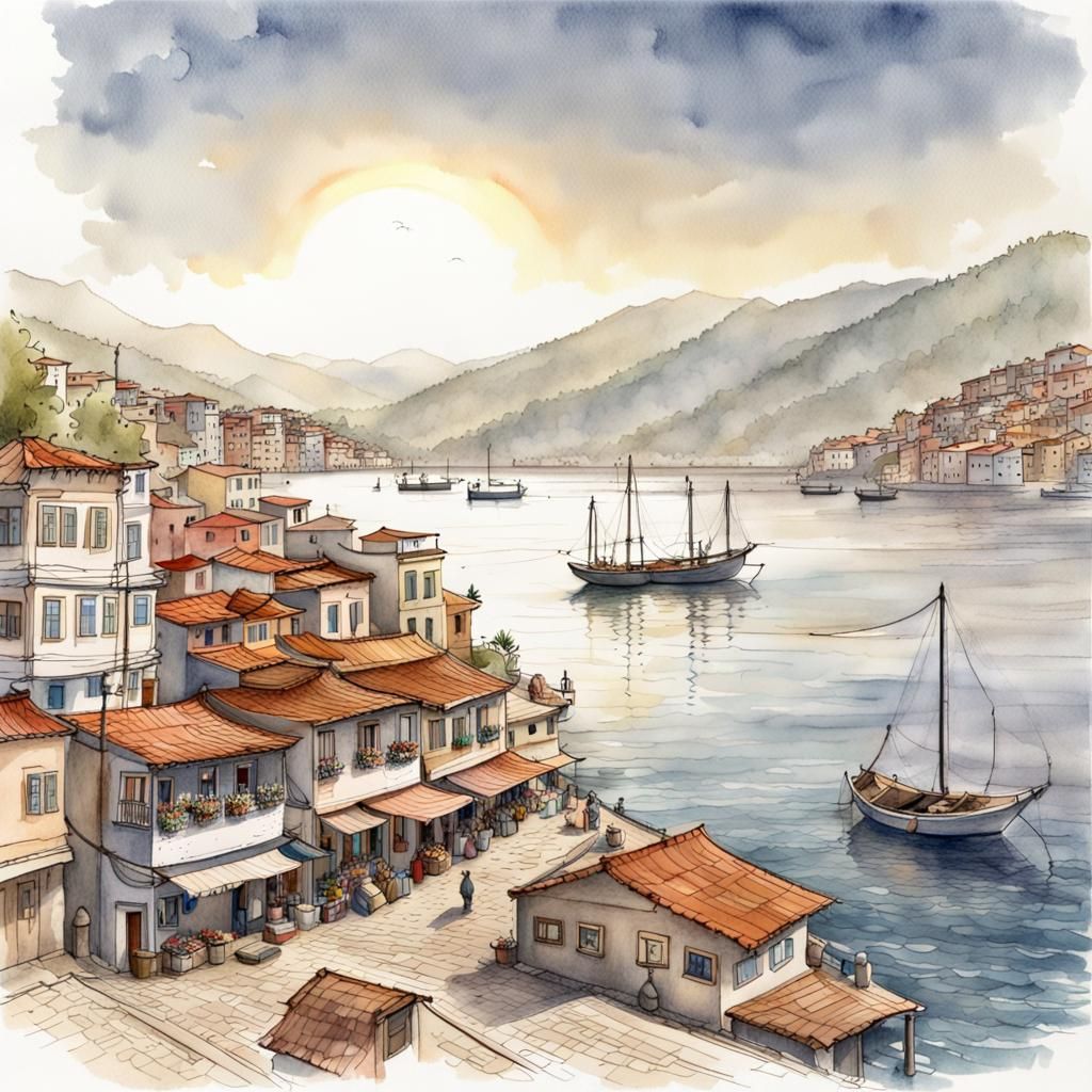 Marmaris Harbor: Detailed Line Drawing with Watercolors