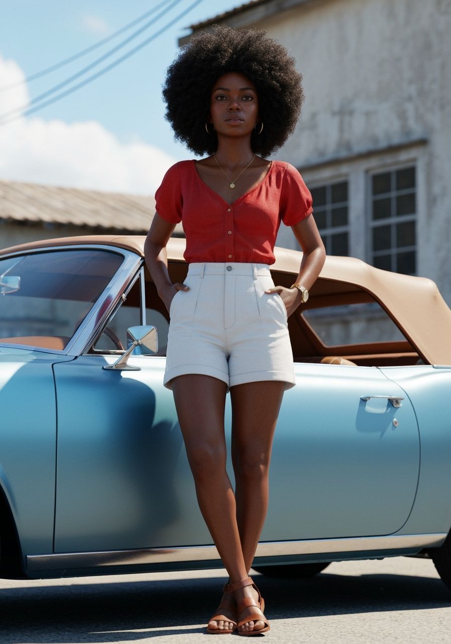 Black Woman Leaning on Vintage Car in 8K Portrait