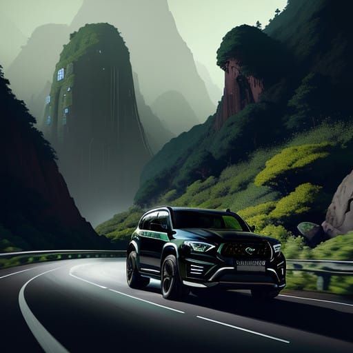 Futuristic SUV Speeds Down Mountain Road