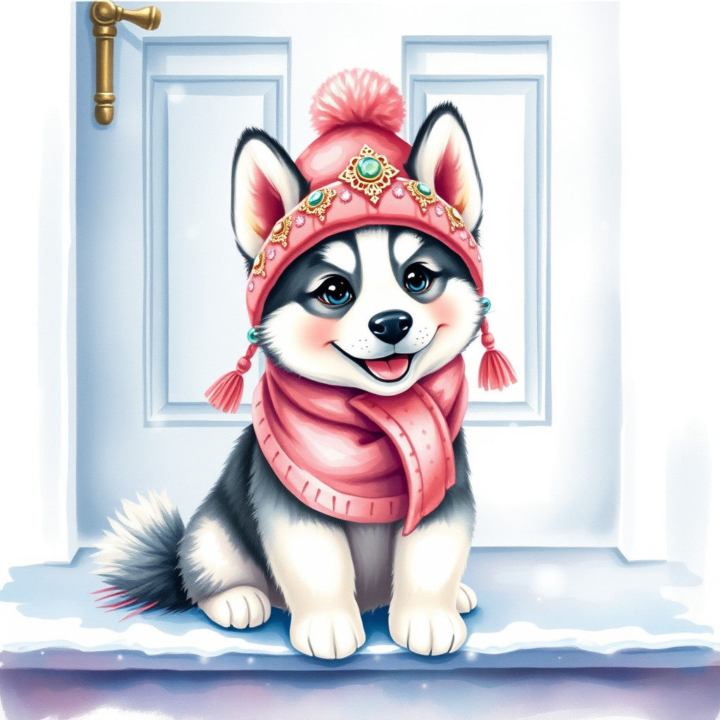 Smiling Husky Puppy in Bejeweled Hat, Watercolor Style