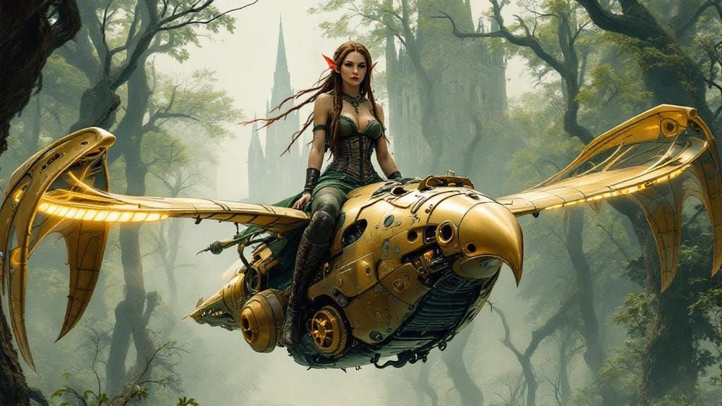 Elven Woman Rides Steampunk Bird Through Enchanted Forest