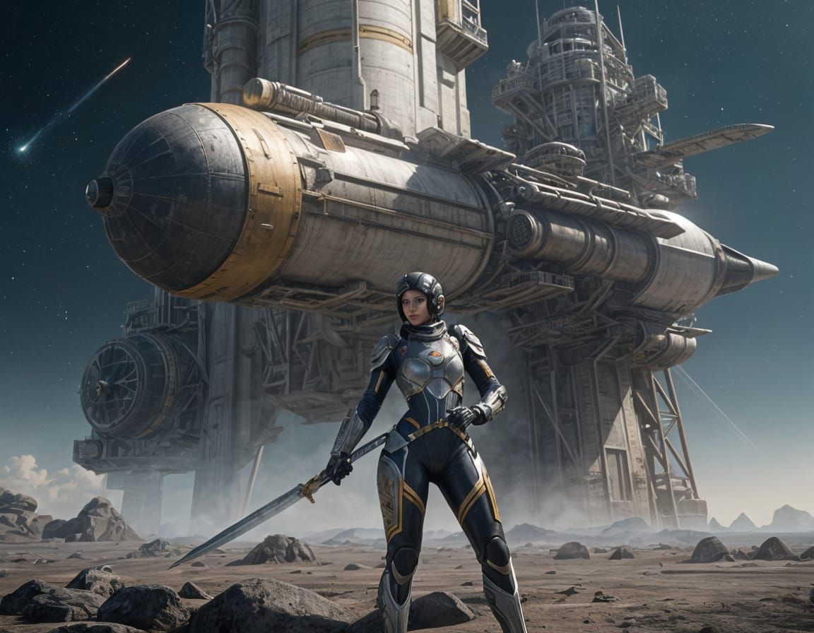 Rocket Ship Xecian: Converted to Habitation Modules. Trooper Pierce on patrol.