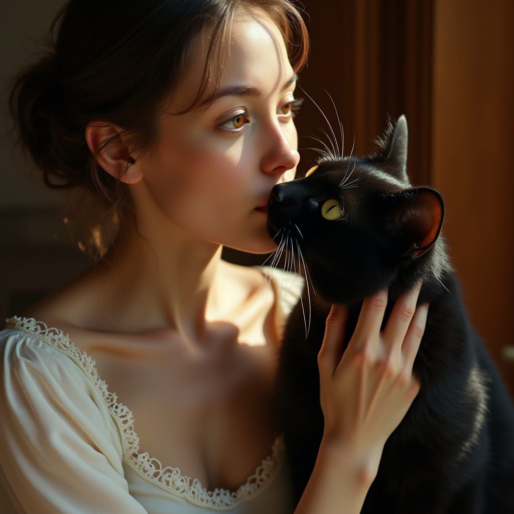 Woman in Warm Embrace with Elegant Feline
