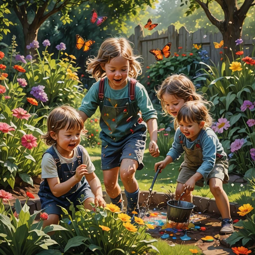 Hyperrealistic Children Playing in a Colorful Garden
