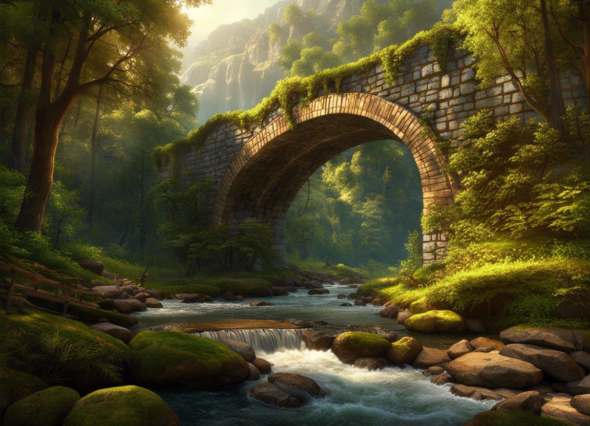 Mysterious Forest Bridge in Art Deco Style