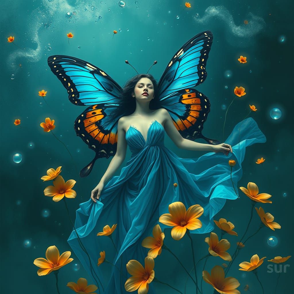 Woman with Butterfly Wings in Surreal Setting