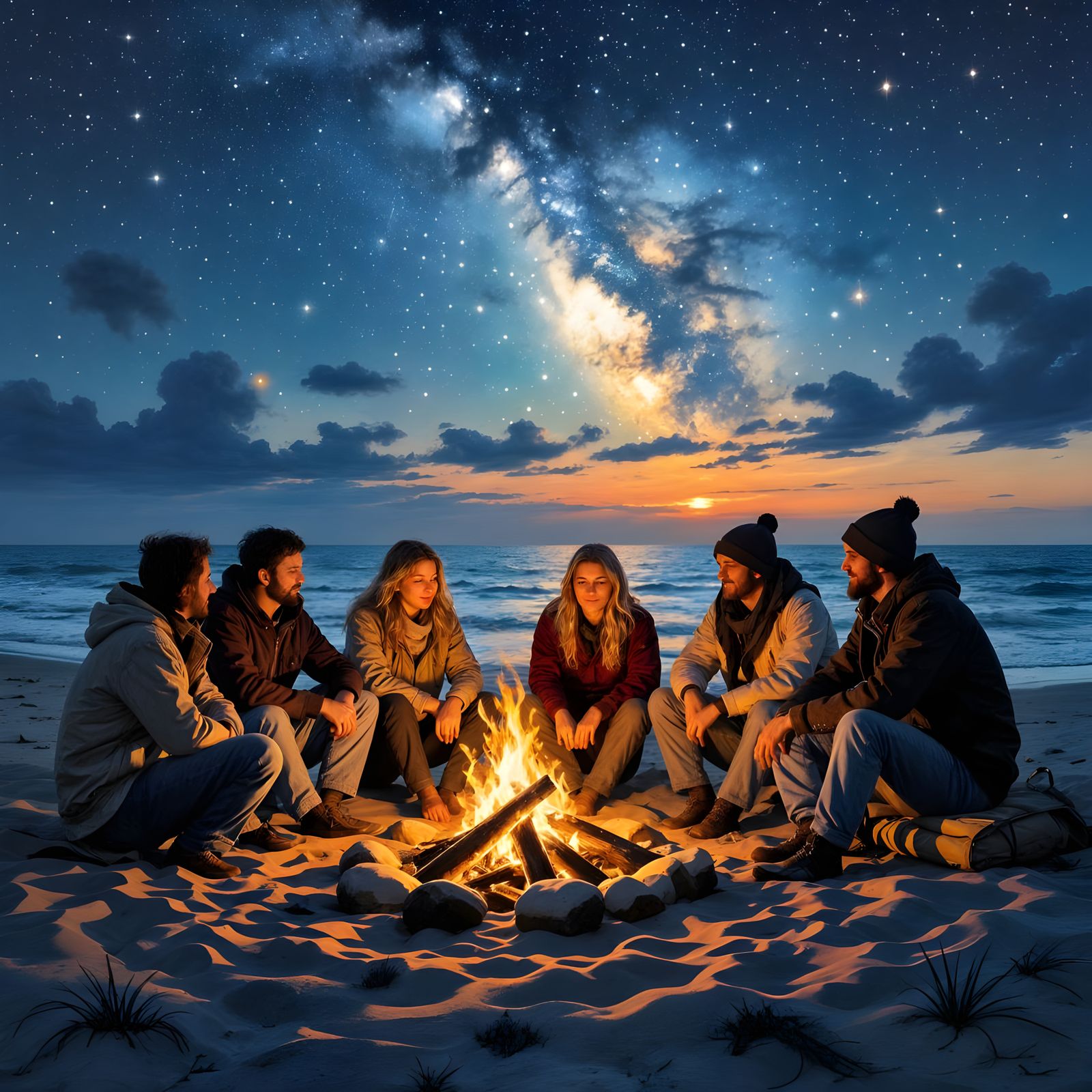 Beach Campfire Under Starry Sky: Epic Scene