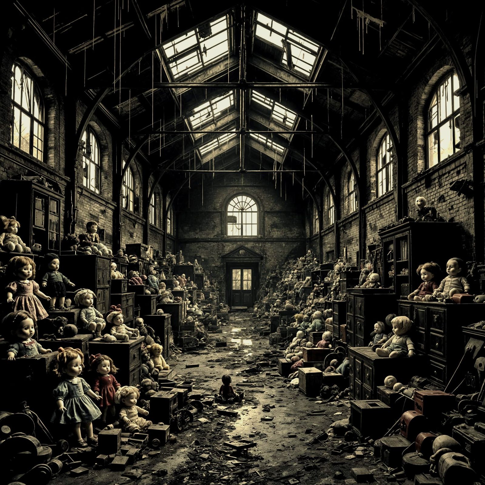 Spooky Warehouse Filled with Broken Toys