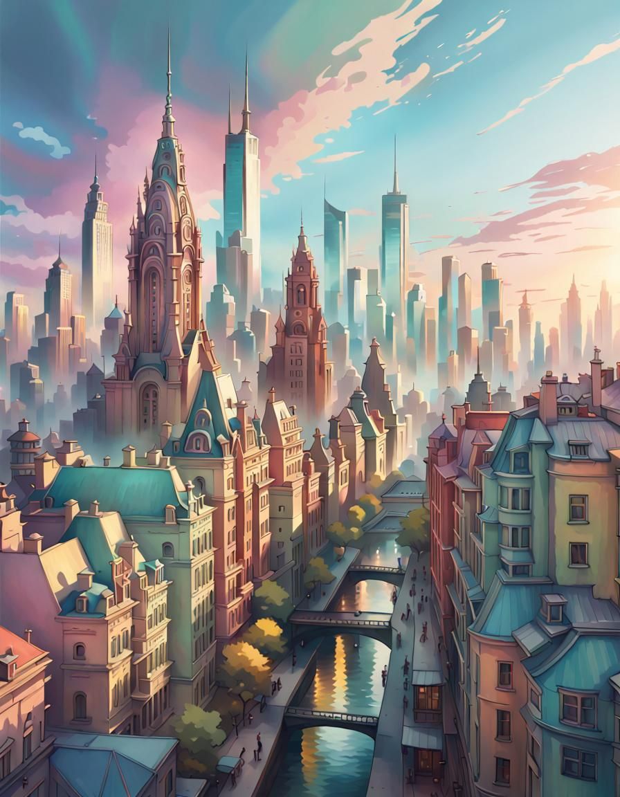 Pastel City Skyline in Soft Dramatic Lighting