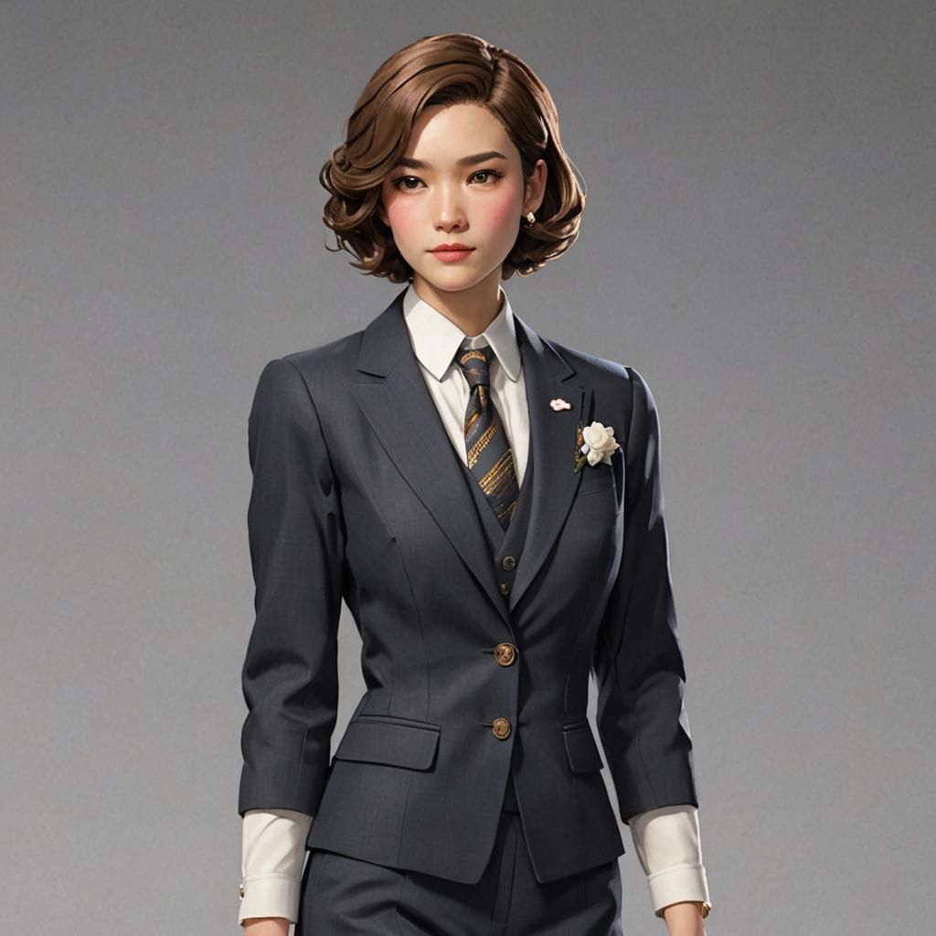 Elegant Character in Formal Suit with Bob Cut