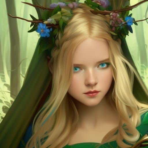 Elf Girl Portrait in Forest, Hyperdetailed Art