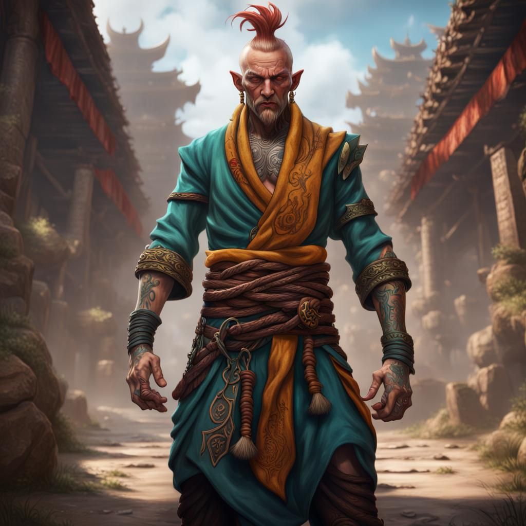 D&D Simic Hybrid Monk with Mohawk Tattoo
