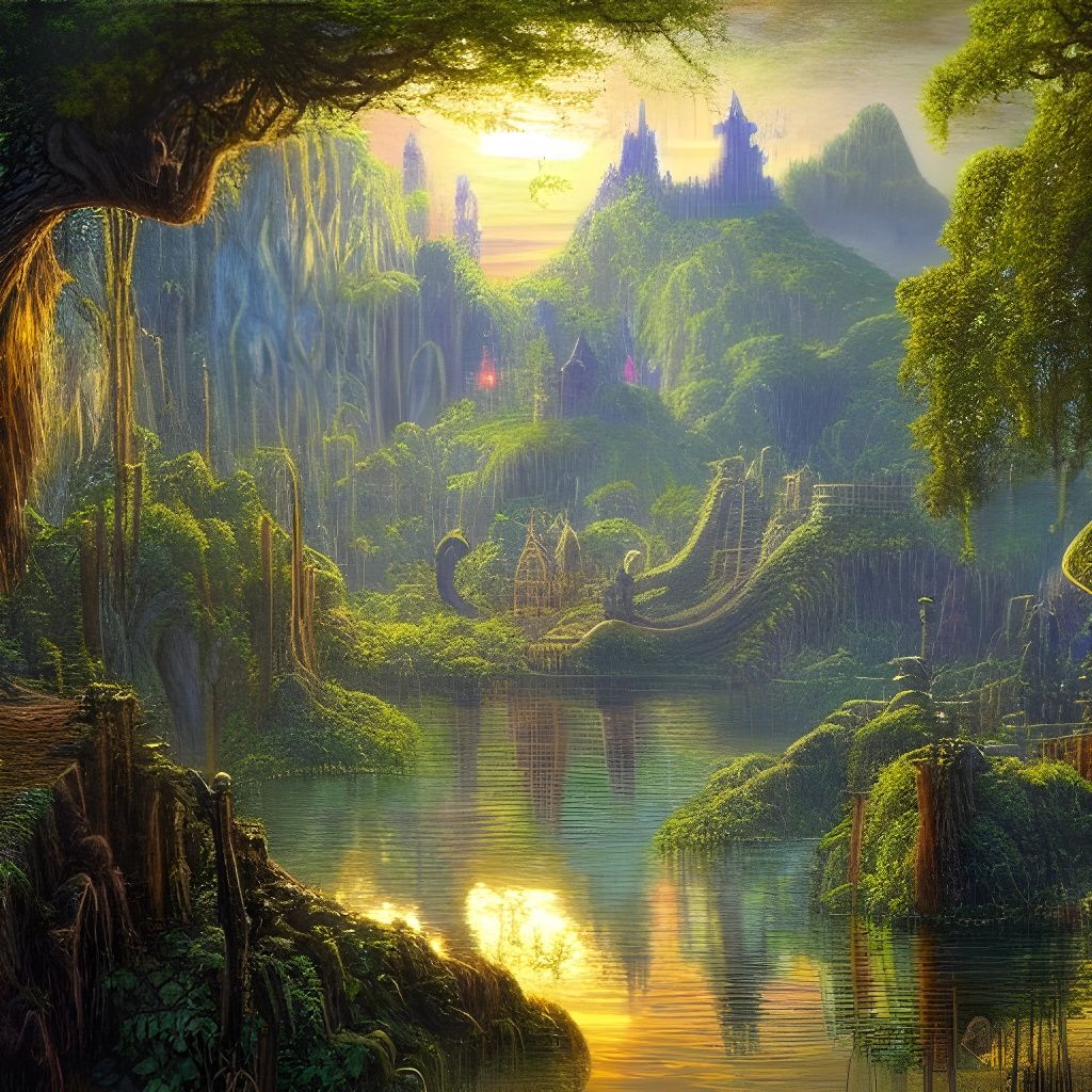 Fantasy Kingdom Cityscape in Swamp Jungle, Oil Painting