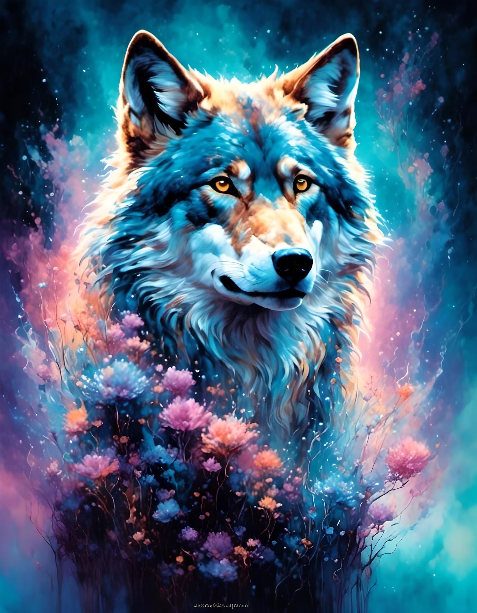 Astral Wolf Portrait in Flowery Watercolor Style