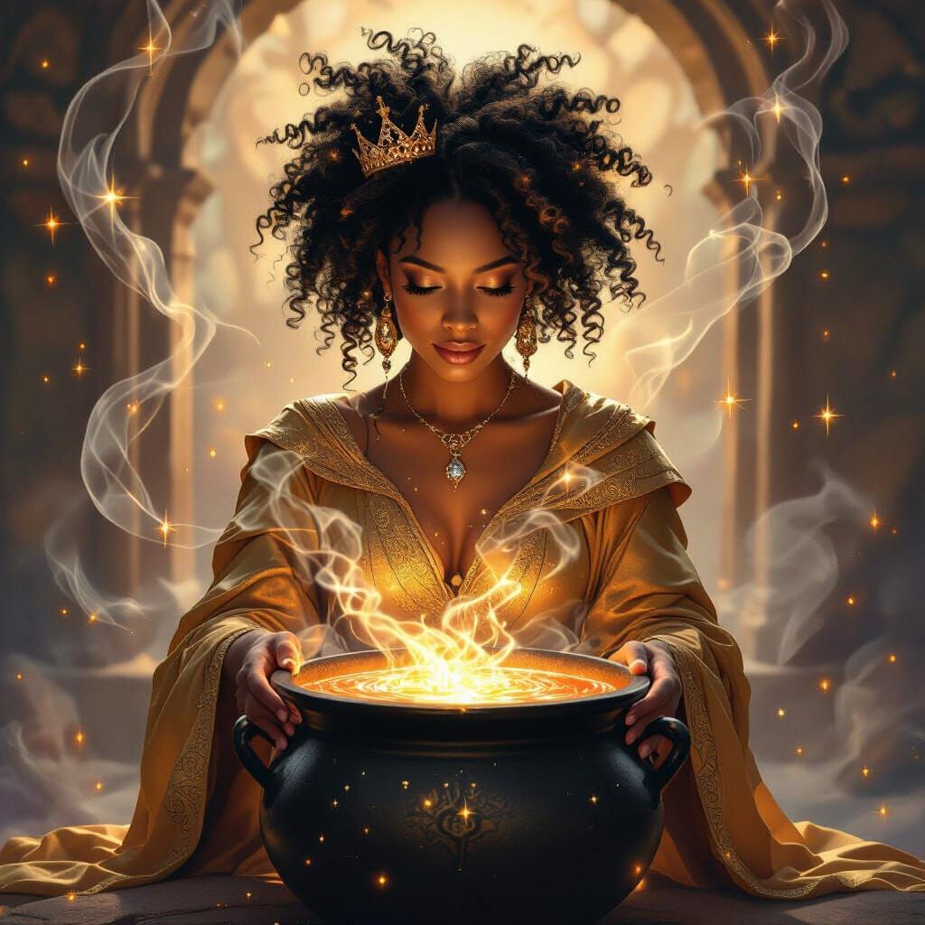 Sorceress and Glowing Elixir in Magical Realism Style