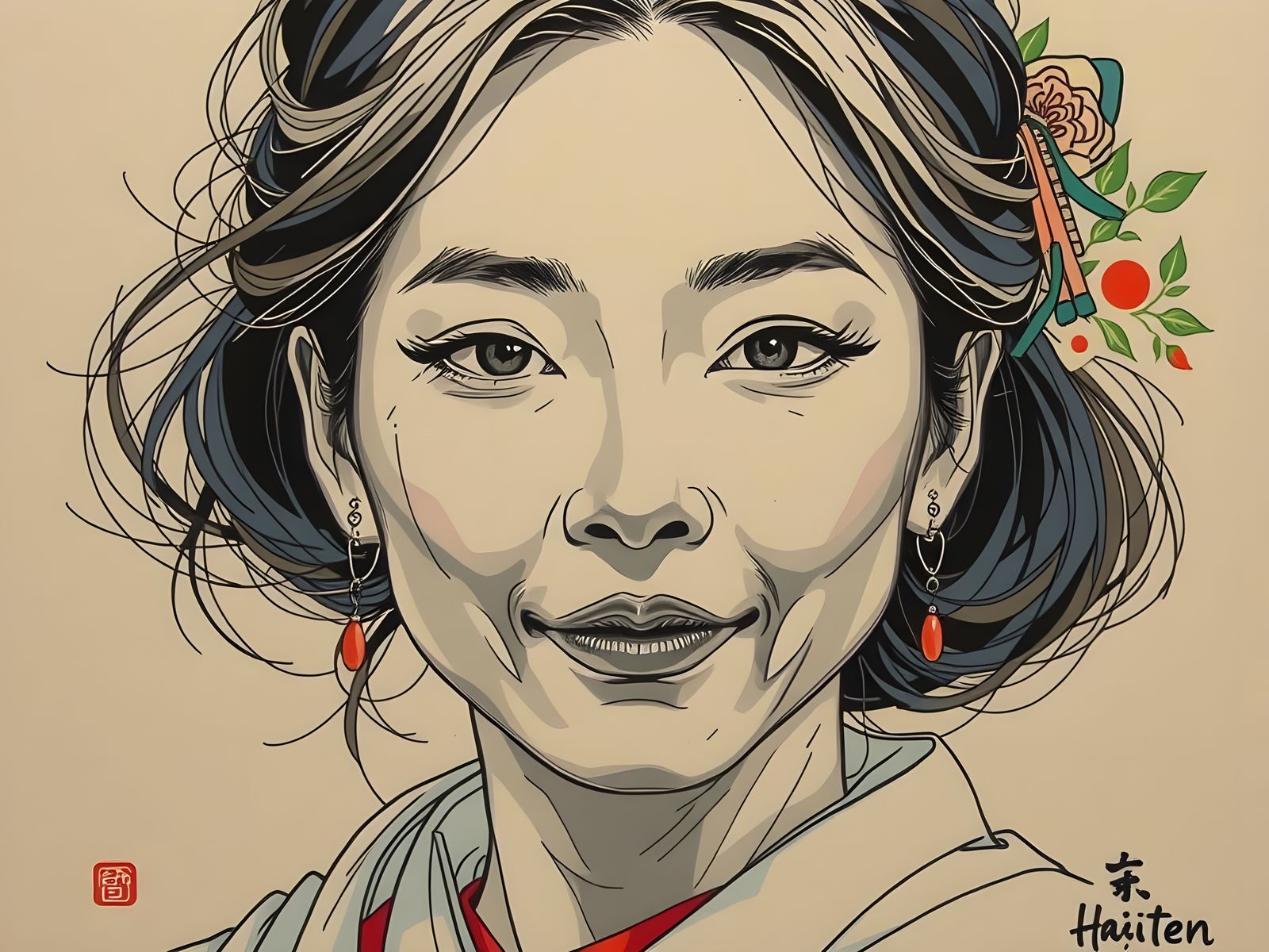 Elegant Continuous Line Portrait of Japanese Woman