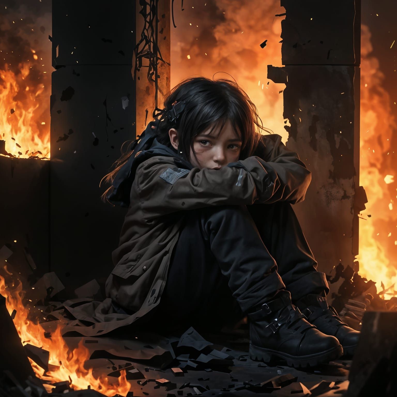 Dystopian Girl Hiding in Fear