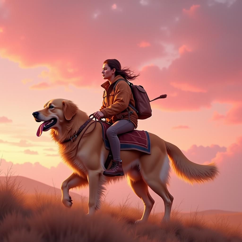 Golden Retriever Ride in Pink Sky: Fantasy Art