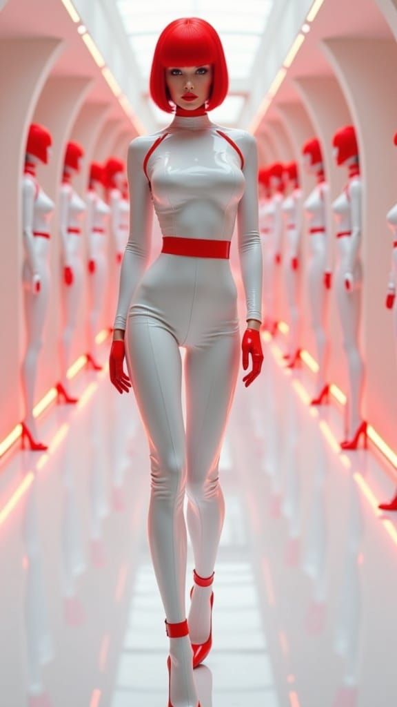 Neon Robot Women March in Sync Down a Glowing White Corridor