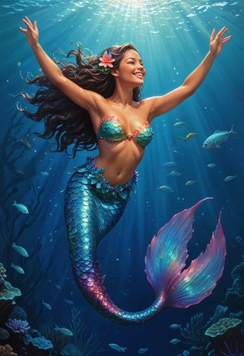 Hawaiian Hula Mermaid on Coral Reef in Surreal Underwater Ki...