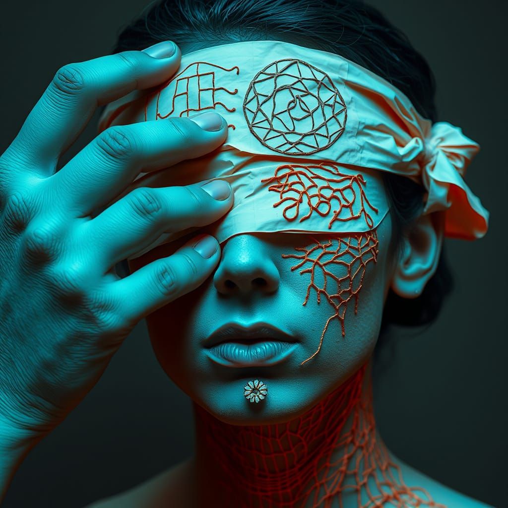 Blindfolded Figure Unveiling Truth Through Textured Glyphs