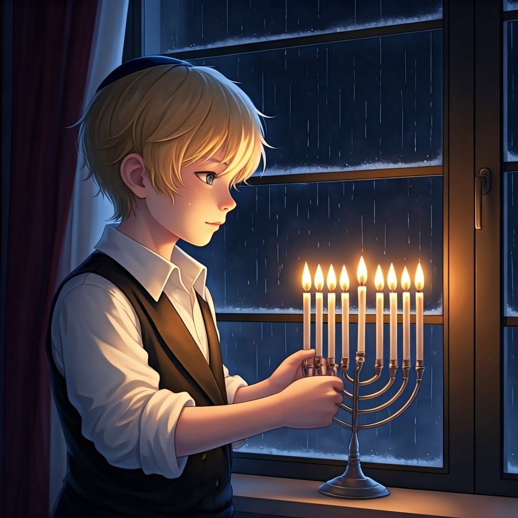 Young Hasidic Boy Lights Hanukkah Menorah