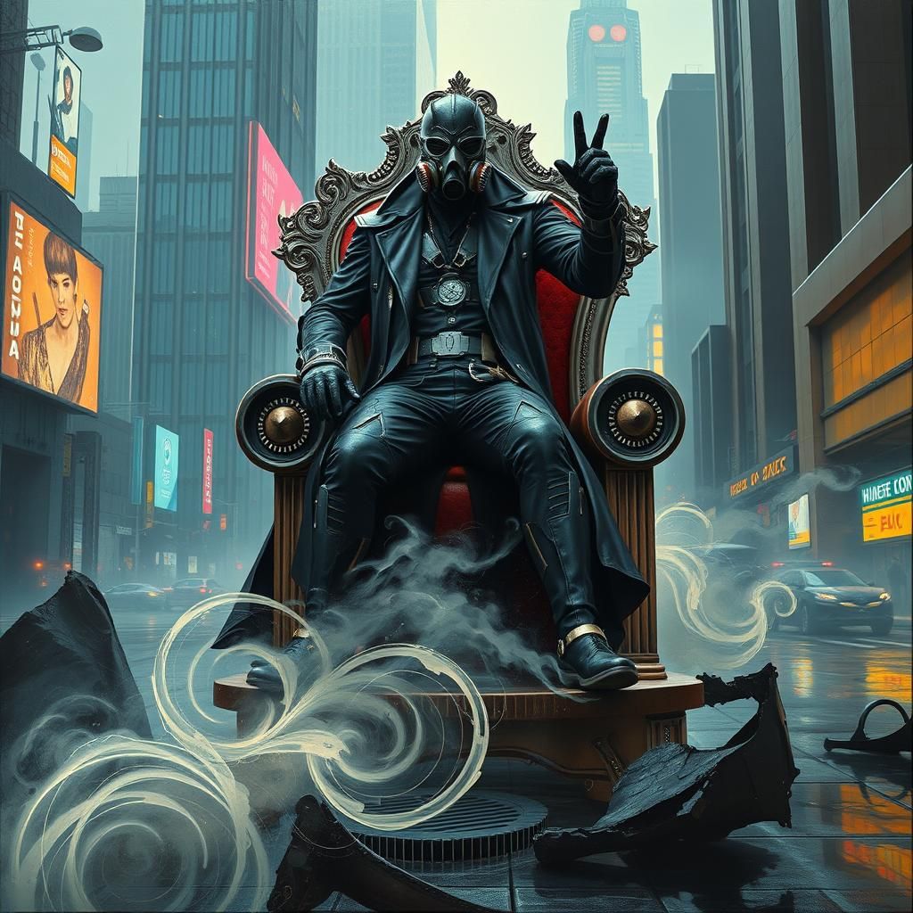 Sci-Fi Mercenary on Art Deco Throne in Dystopian Metropolis