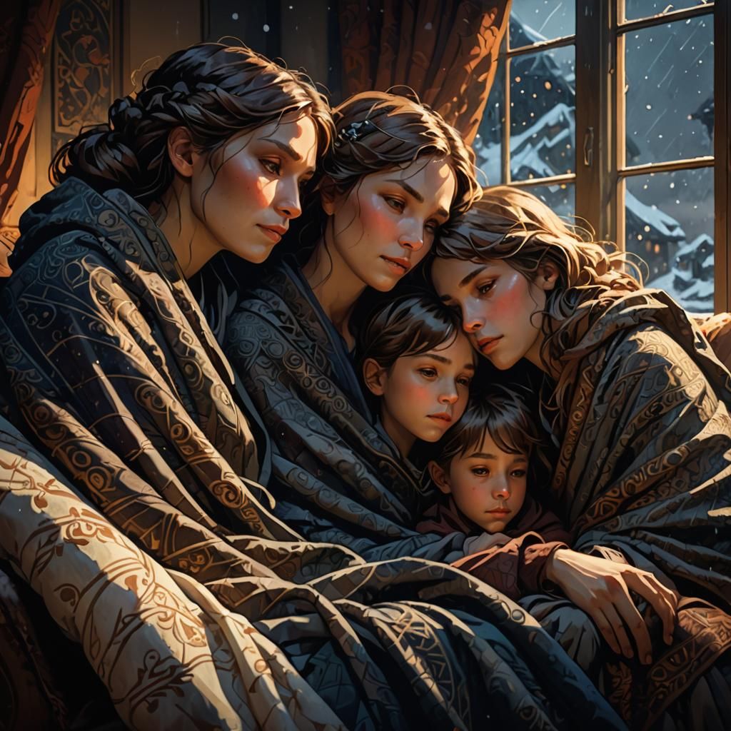 Cozy Fantasy: Mother and Children in Winter
