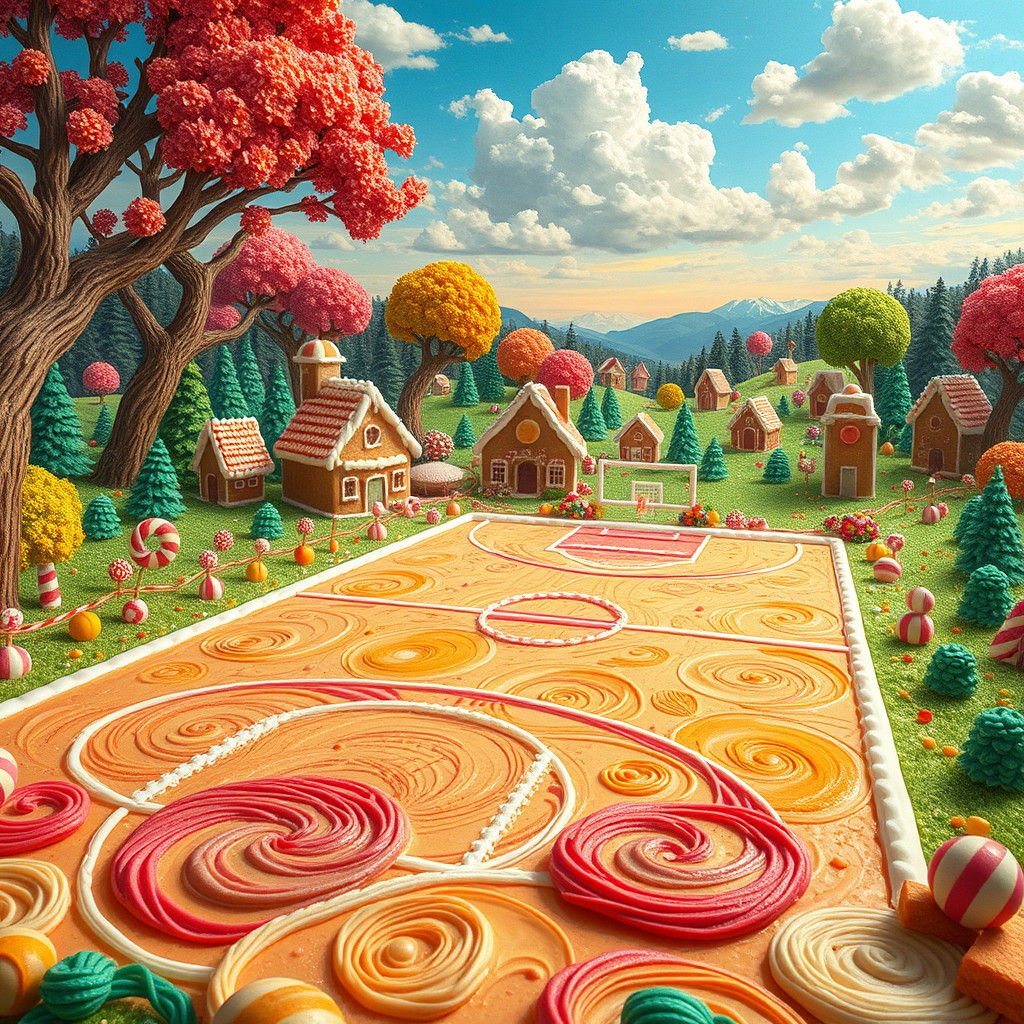 Sweet Candyland Basketball Field: Gouache Illustration