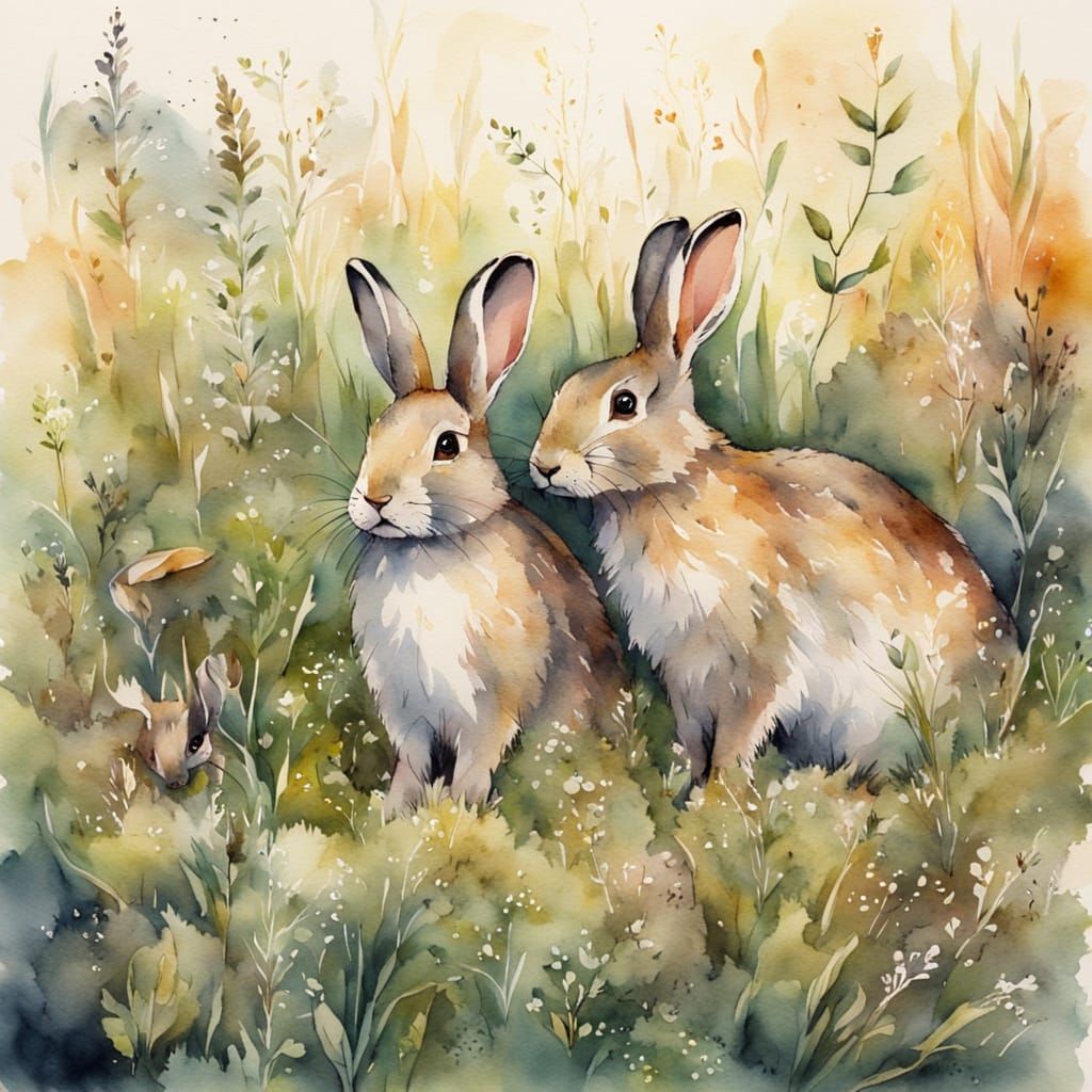 Rabbits and Badgers in Watercolour Earthy Meadow