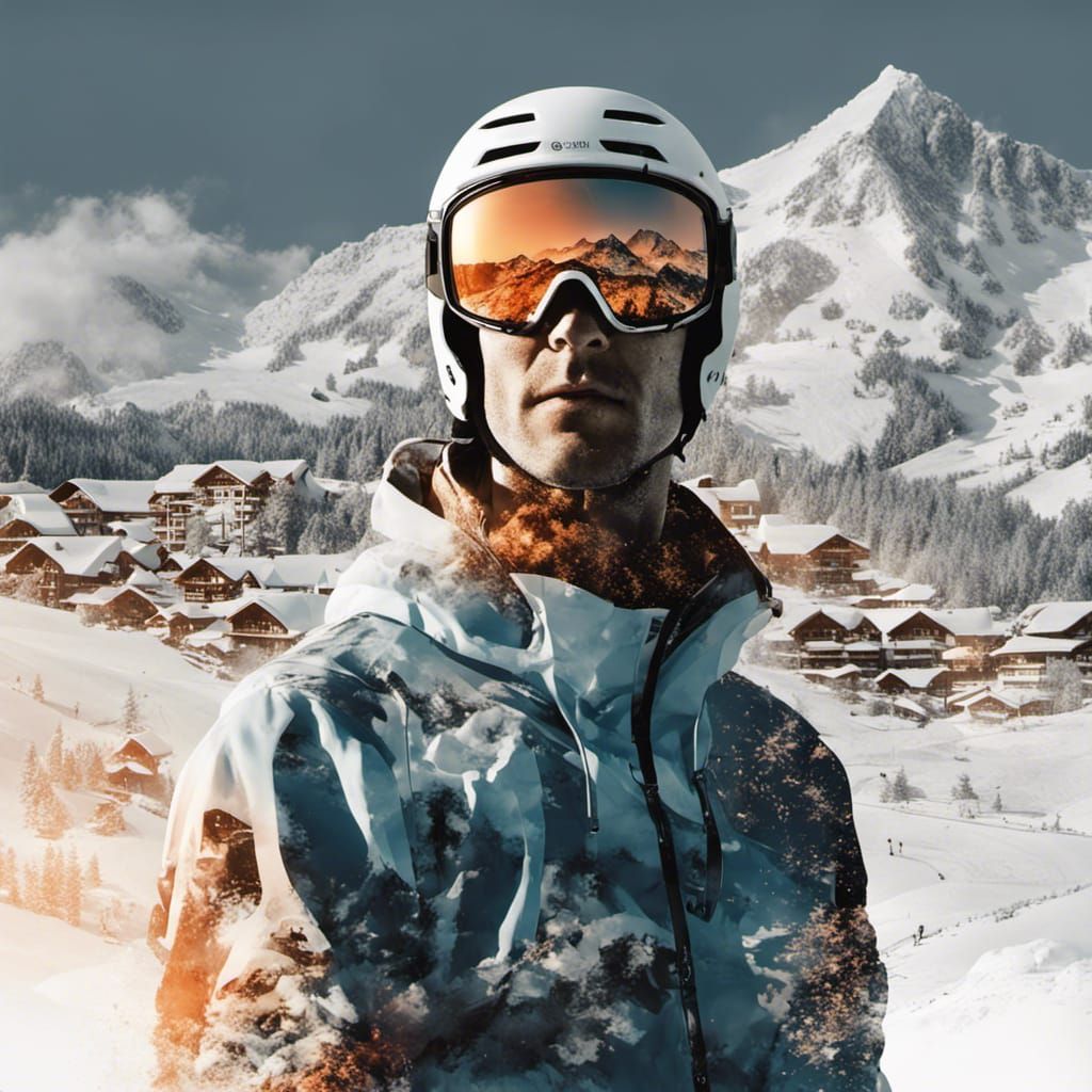 Double Exposure Skier in Snowy Courchevel Scene