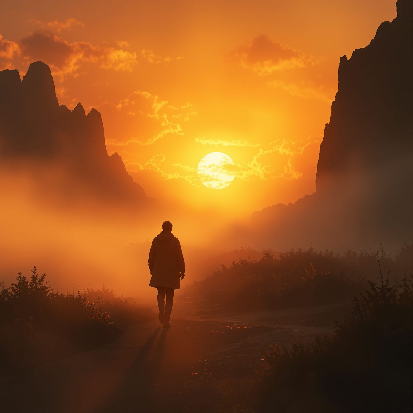 Lone Figure Walks Towards Hopeful Sunrise in Golden Mist